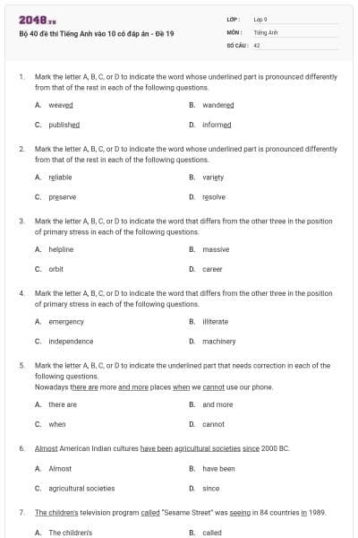 Bộ 40 đề thi Tiếng Anh vào 10 có đáp án - Đề 19