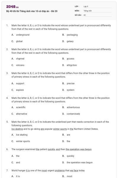 Bộ 40 đề thi Tiếng Anh vào 10 có đáp án - Đề 20