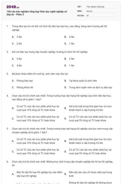 140 câu trắc nghiệm tổng hợp Giáo dục nghề nghiệp có đáp án - Phần 3
