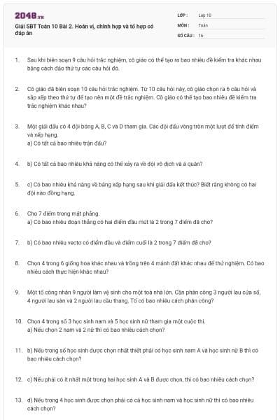 Giải SBT Toán 10 Bài 2. Hoán vị, chỉnh hợp và tổ hợp có đáp án