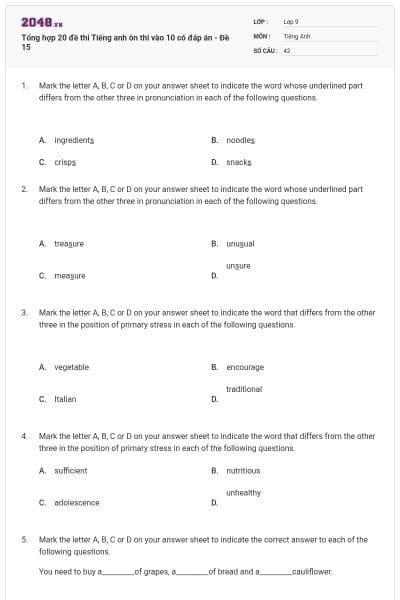 Tổng hợp 20 đề thi Tiếng anh ôn thi vào 10 có đáp án - Đề 15