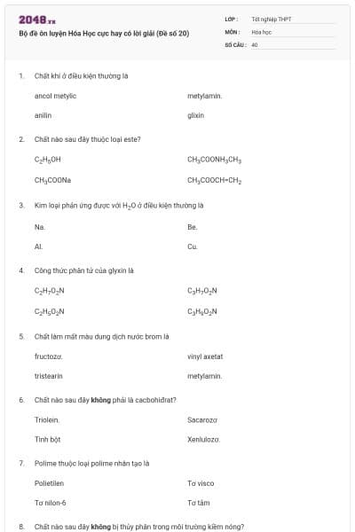 Bộ đề ôn luyện Hóa Học cực hay có lời giải (Đề số 20)