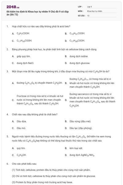 Đề kiểm tra định kì Khoa học tự nhiên 9 Chủ đề 9 có đáp án (Đề 73)