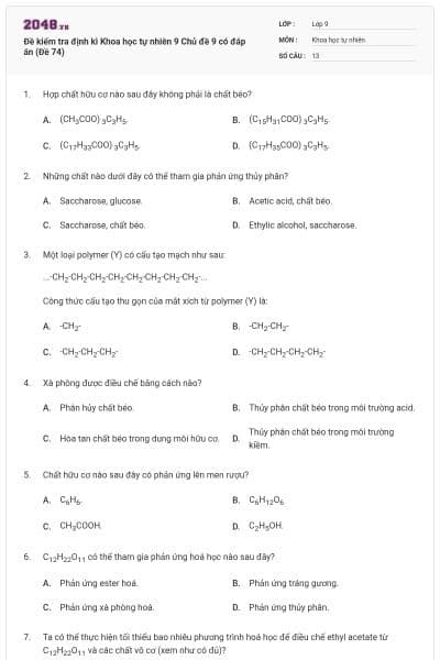 Đề kiểm tra định kì Khoa học tự nhiên 9 Chủ đề 9 có đáp án (Đề 74)