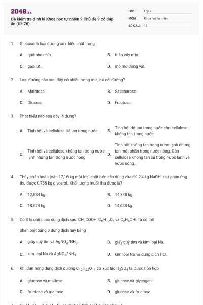 Đề kiểm tra định kì Khoa học tự nhiên 9 Chủ đề 9 có đáp án (Đề 76)