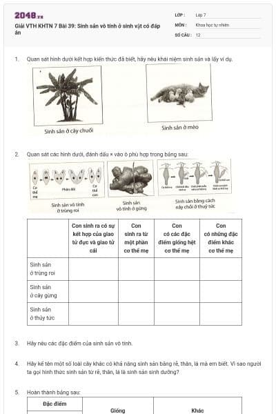 Giải VTH KHTN 7 Bài 39: Sinh sản vô tính ở sinh vật có đáp án
