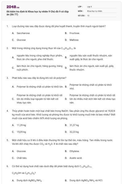 Đề kiểm tra định kì Khoa học tự nhiên 9 Chủ đề 9 có đáp án (Đề 77)
