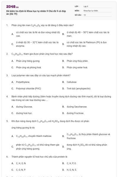 Đề kiểm tra định kì Khoa học tự nhiên 9 Chủ đề 9 có đáp án (Đề 79)