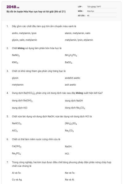 Bộ đề ôn luyện Hóa Học cực hay có lời giải (Đề số 21)