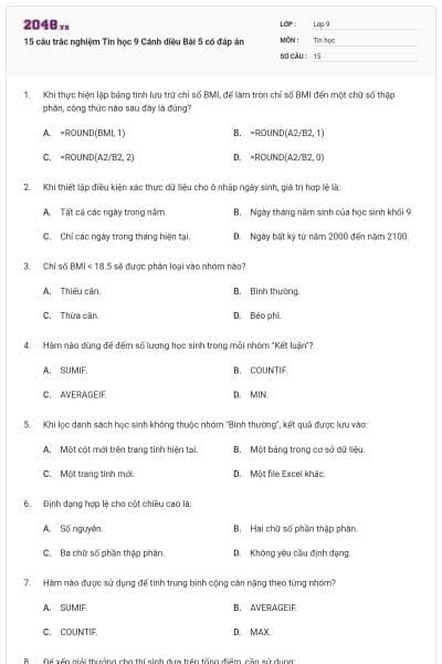 15 câu trắc nghiệm Tin học 9 Cánh diều Bài 5 có đáp án