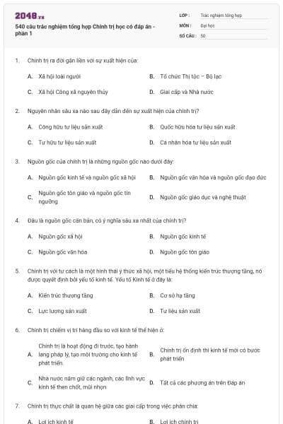 540 câu trắc nghiệm tổng hợp Chính trị học có đáp án - phần 1