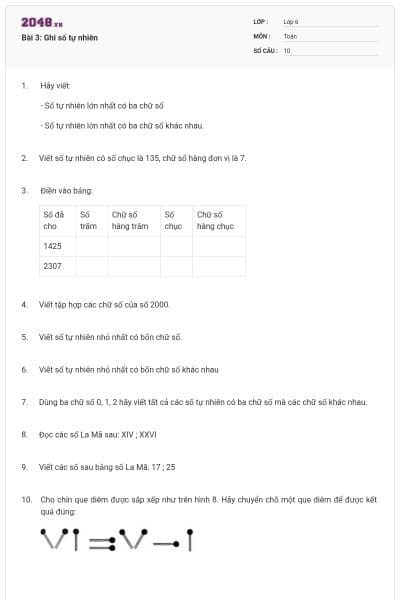 Bài 3: Ghi số tự nhiên