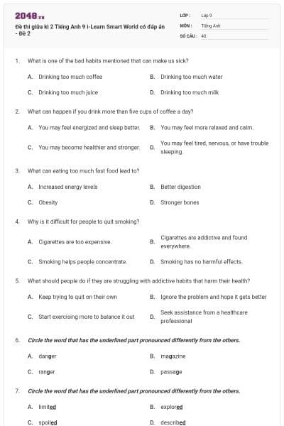 Đề thi giữa kì 2 Tiếng Anh 9 i-Learn Smart World có đáp án - Đề 2