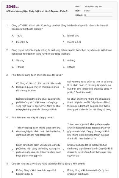 600 câu trắc nghiệm Pháp luật kinh tế có đáp án - Phần 9
