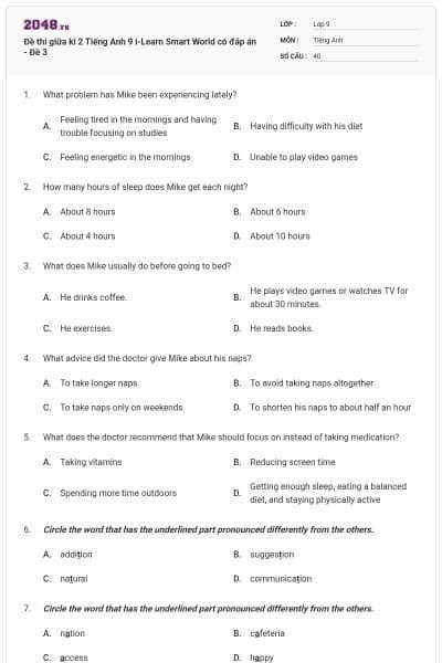 Đề thi giữa kì 2 Tiếng Anh 9 i-Learn Smart World có đáp án - Đề 3