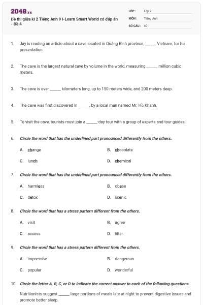 Đề thi giữa kì 2 Tiếng Anh 9 i-Learn Smart World có đáp án - Đề 4