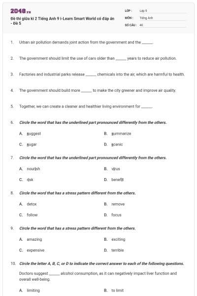 Đề thi giữa kì 2 Tiếng Anh 9 i-Learn Smart World có đáp án - Đề 5