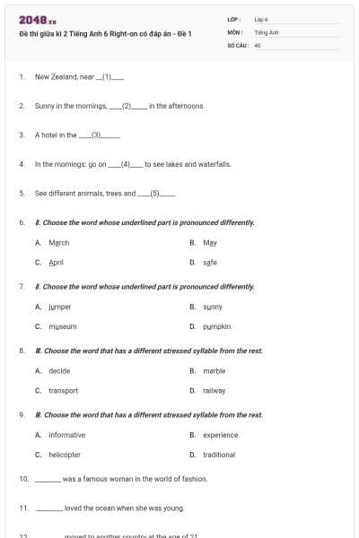 Đề thi giữa kì 2 Tiếng Anh 6 Right-on có đáp án - Đề 1