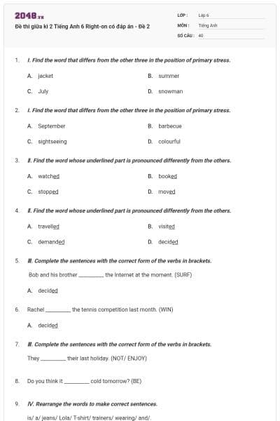 Đề thi giữa kì 2 Tiếng Anh 6 Right-on có đáp án - Đề 2