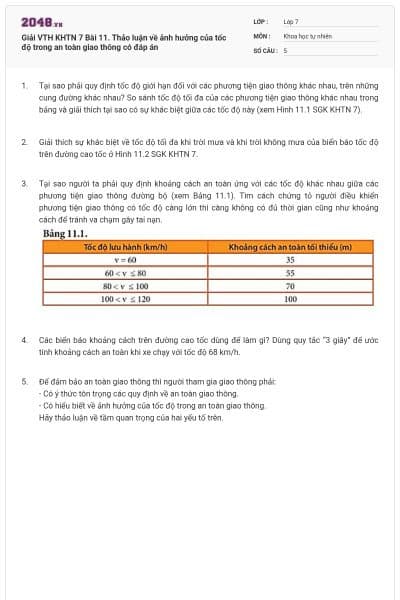 Giải VTH KHTN 7 Bài 11. Thảo luận về ảnh hưởng của tốc độ trong an toàn giao thông có đáp án