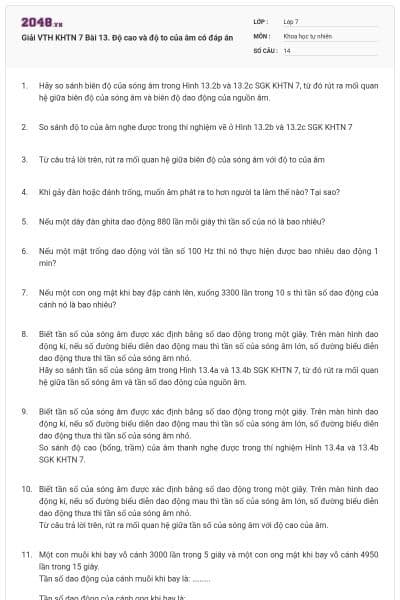 Giải VTH KHTN 7 Bài 13. Độ cao và độ to của âm có đáp án