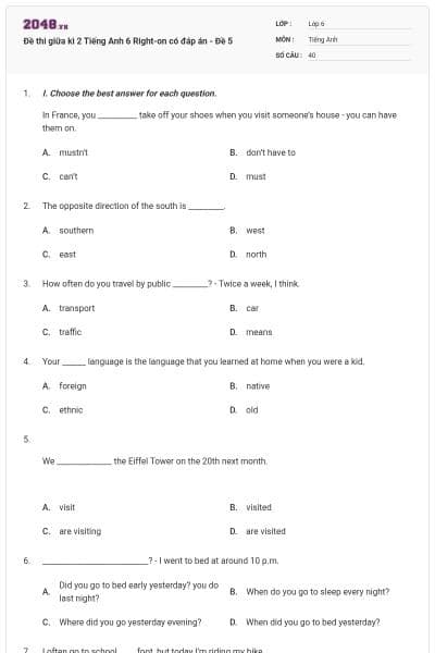 Đề thi giữa kì 2 Tiếng Anh 6 Right-on có đáp án - Đề 5