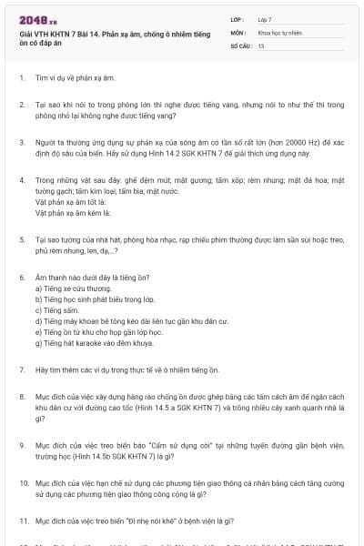 Giải VTH KHTN 7 Bài 14. Phản xạ âm, chống ô nhiễm tiếng ồn có đáp án
