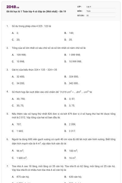 Đề thi học kì 1 Toán lớp 4 có đáp án (Mới nhất) - Đề 19