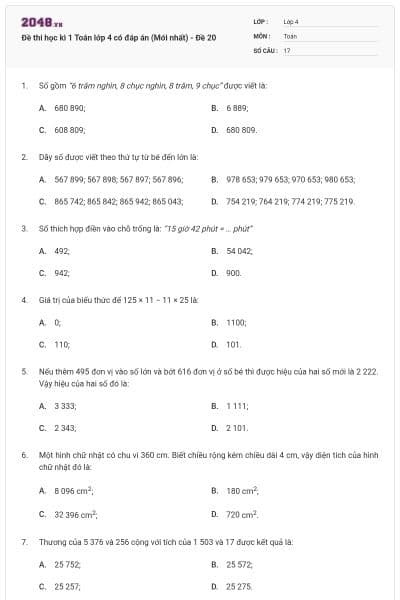 Đề thi học kì 1 Toán lớp 4 có đáp án (Mới nhất) - Đề 20