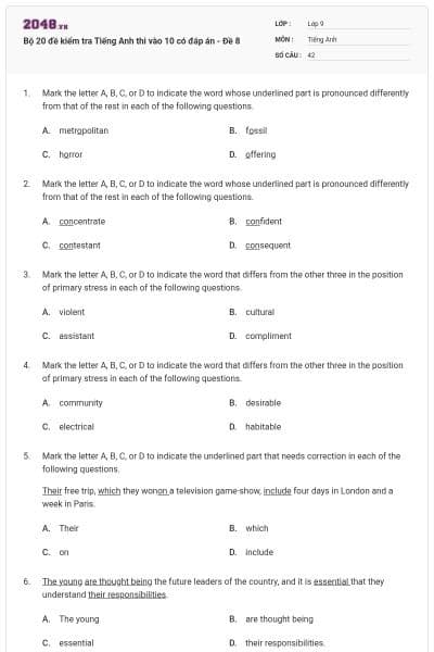 Bộ 20 đề kiểm tra Tiếng Anh thi vào 10 có đáp án - Đề 8