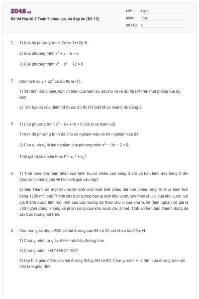 Đề thi Học kì 2 Toán 9 chọn lọc, có đáp án (Đề 12)