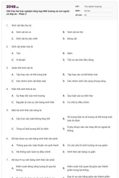 260 Câu hỏi trắc nghiệm tổng hợp Môi trường và con người có đáp án - Phần 2