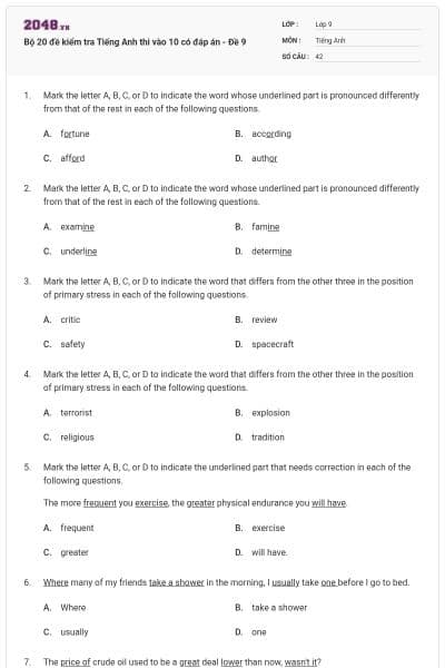 Bộ 20 đề kiểm tra Tiếng Anh thi vào 10 có đáp án - Đề 9