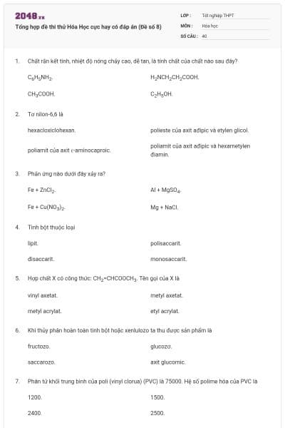 Tổng hợp đề thi thử Hóa Học cực hay có đáp án (Đề số 8)