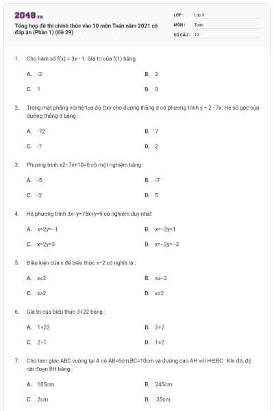Tổng hợp đề thi chính thức vào 10 môn Toán năm 2021 có đáp án (Phần 1) (Đề 29)
