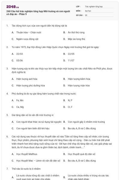 260 Câu hỏi trắc nghiệm tổng hợp Môi trường và con người có đáp án - Phần 9