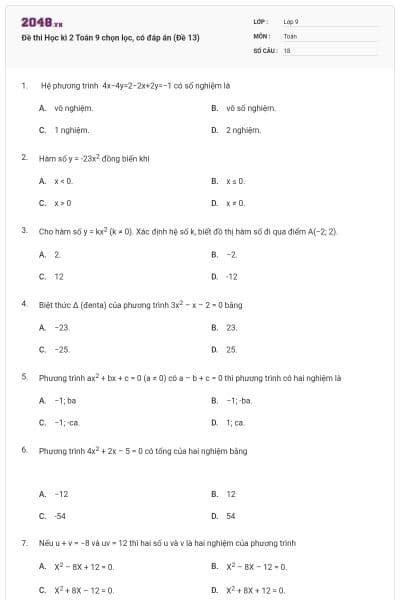 Đề thi Học kì 2 Toán 9 chọn lọc, có đáp án (Đề 13)