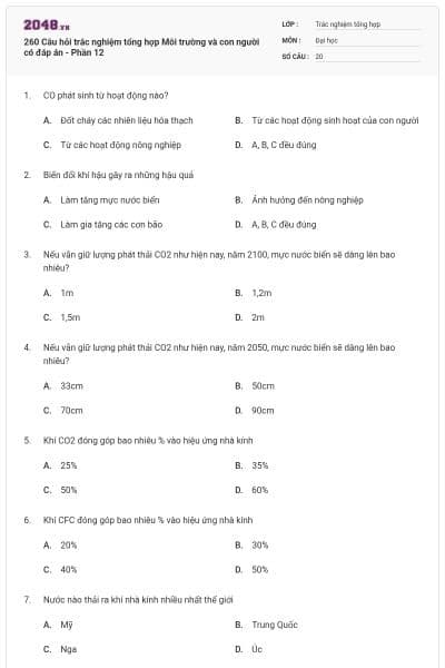 260 Câu hỏi trắc nghiệm tổng hợp Môi trường và con người có đáp án - Phần 12