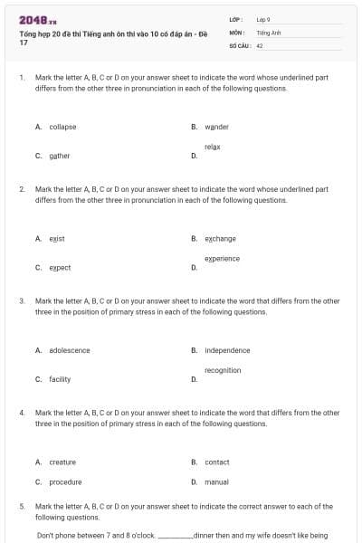 Tổng hợp 20 đề thi Tiếng anh ôn thi vào 10 có đáp án - Đề 17