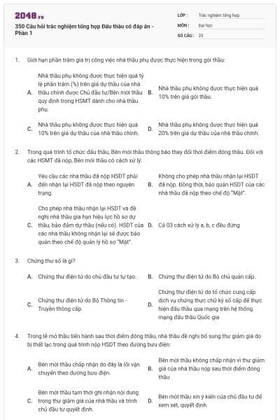 350 Câu hỏi trắc nghiệm tổng hợp Đấu thầu có đáp án - Phần 1