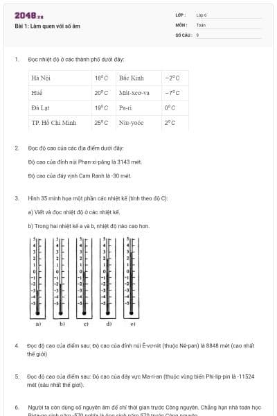 Bài 1: Làm quen với số âm