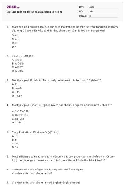 Giải SBT Toán 10 Bài tập cuối chương 8 có đáp án