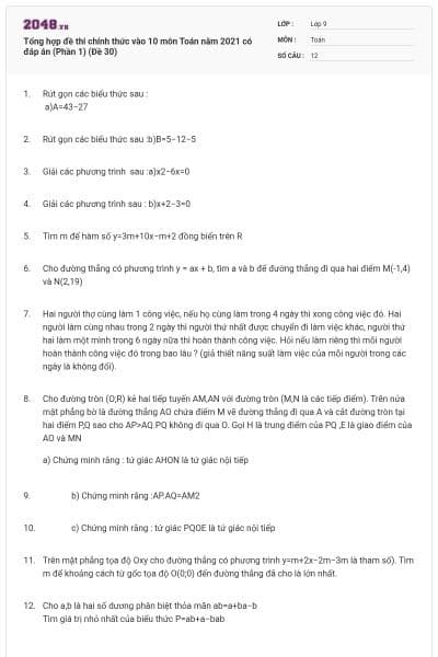 Tổng hợp đề thi chính thức vào 10 môn Toán năm 2021 có đáp án (Phần 1) (Đề 30)