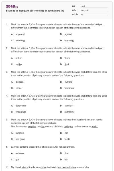 Bộ 20 đề thi Tiếng Anh vào 10 có đáp án cực hay (Đề 14)
