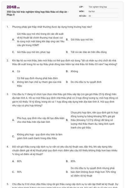 350 Câu hỏi trắc nghiệm tổng hợp Đấu thầu có đáp án - Phần 9