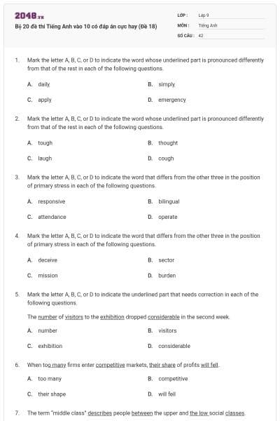Bộ 20 đề thi Tiếng Anh vào 10 có đáp án cực hay (Đề 18)