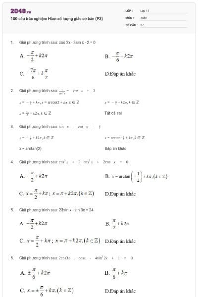 100 câu trắc nghiệm Hàm số lượng giác cơ bản (P3)