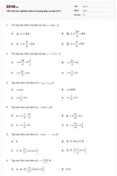 100 câu trắc nghiệm Hàm số lượng giác cơ bản (P1)