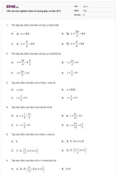 100 câu trắc nghiệm Hàm số lượng giác cơ bản (P1)