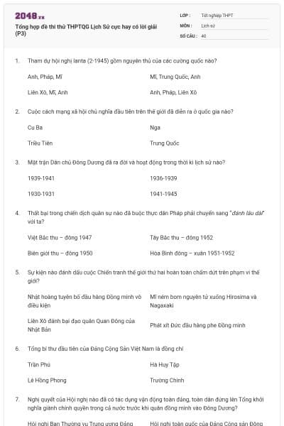 Tổng hợp đề thi thử THPTQG Lịch Sử cực hay có lời giải (P3)